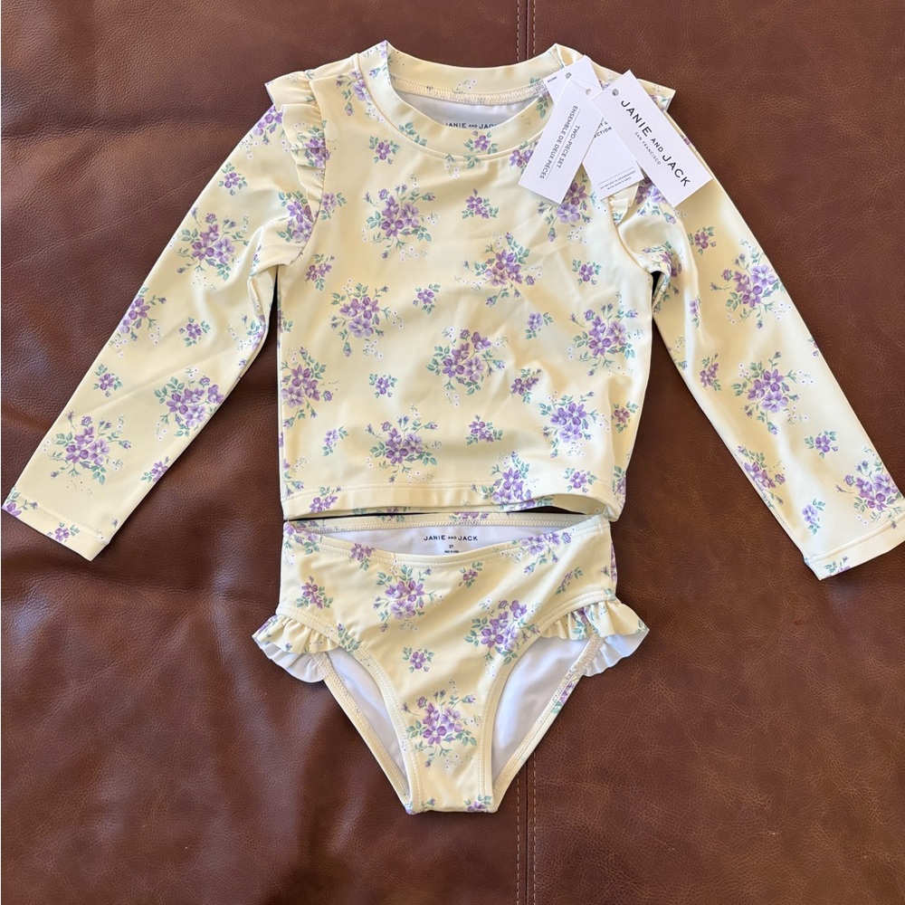 Janie and Jack Yellow Floral Kids Rashguard Swim Set 2T NWT